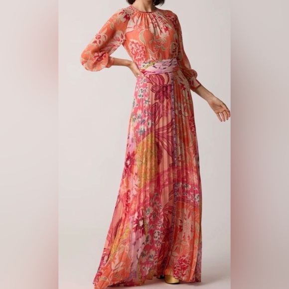 Teri JON Chiffon Floral Geometric Pleated dress Gown Size 6 - Picture 1 of 15